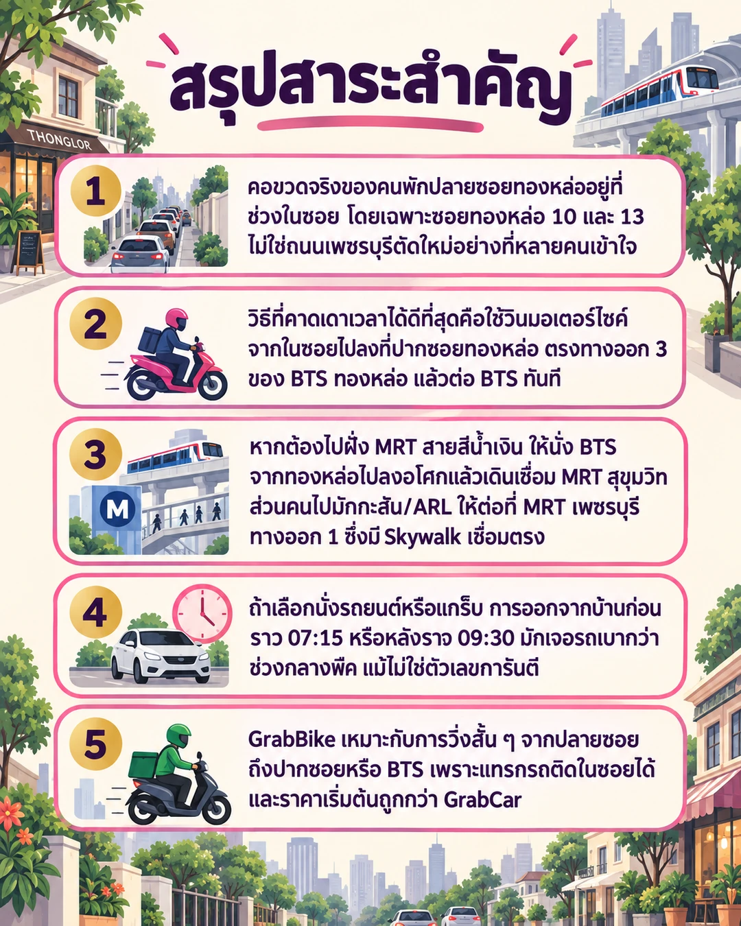 อินโฟกราฟิกสรุปข้อมูล รถติดทองหล่อ-เพชรบุรีตัดใหม่ตอนเช้า: ทางออกจริงของคนทำงานในซอยลึก