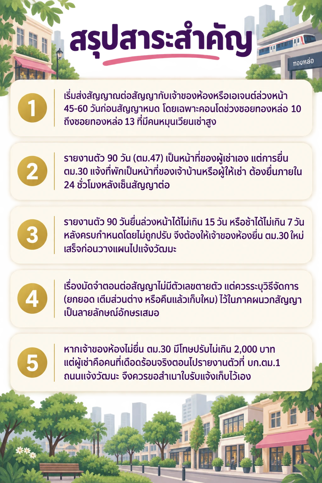 อินโฟกราฟิกสรุปข้อมูล ต่อสัญญาเช่าคอนโดทองหล่อไม่ทันวันหมดวีซ่า จัดลำดับ TM30 ให้ตรงจังหวะ