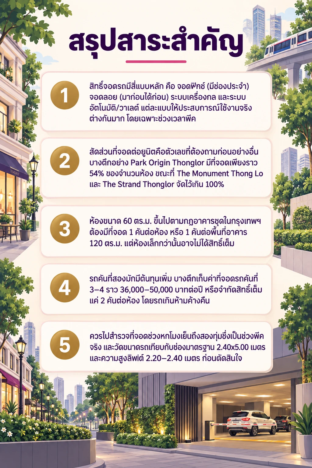 อินโฟกราฟิกสรุปข้อมูล ที่จอดรถคอนโดทองหล่อ: เช็กสิทธิ์จอดฟิกซ์ ลอย วาเลต์ ก่อนเซ็นสัญญา