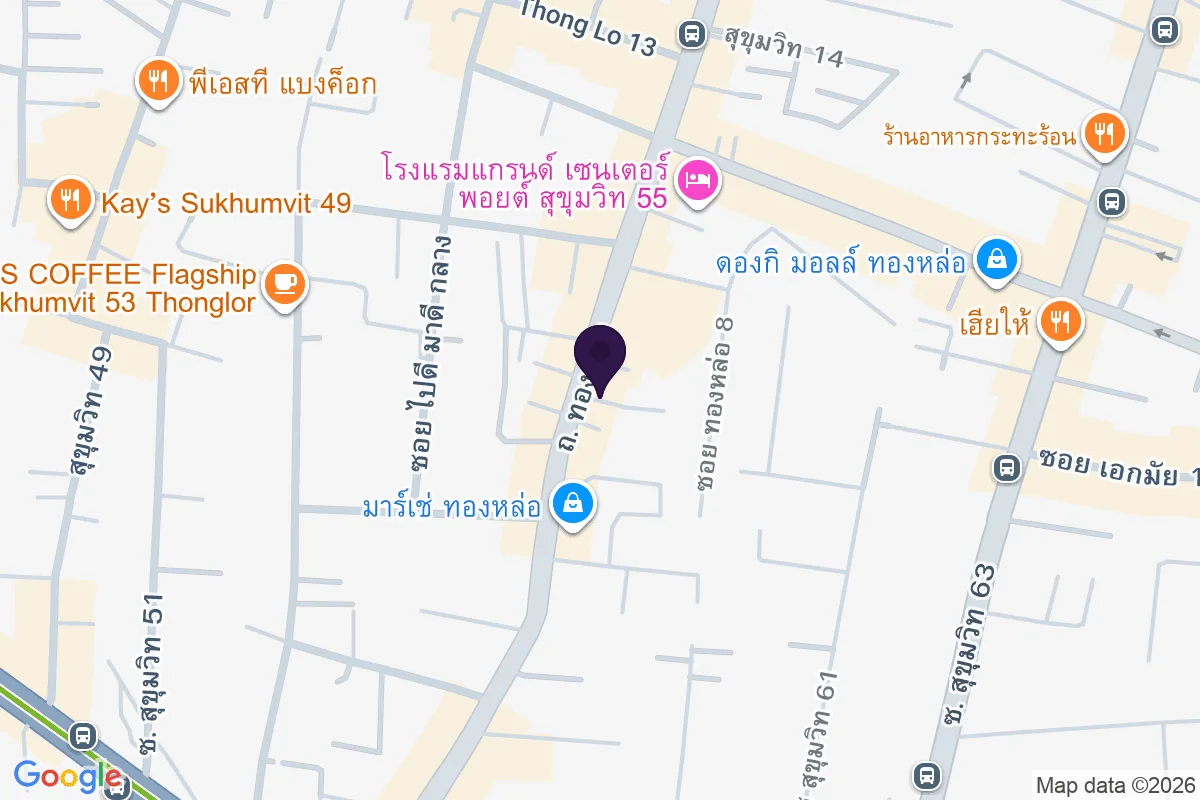 แผนที่เส้นทางเดินจากBTS ทองหล่อไปHQ by Sansiri ย่านทองหล่อ