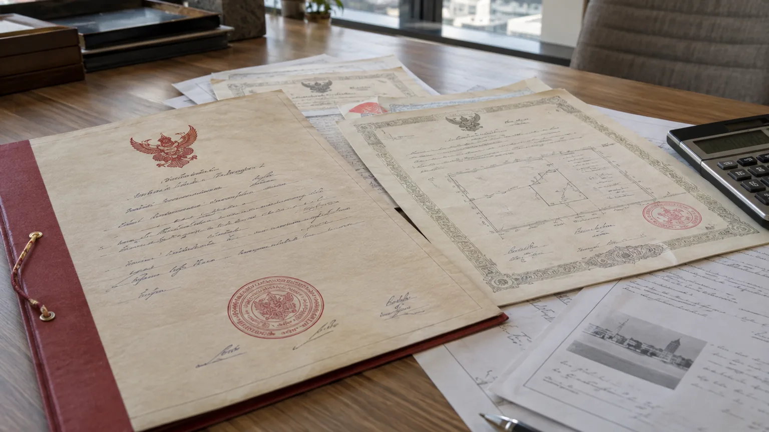 เอกสารโฉนดห้องชุดและหนังสือรับรองสำหรับตรวจโควตาต่างชาติคอนโดทองหล่อวางอยู่บนโต๊ะพร้อมปากกา
